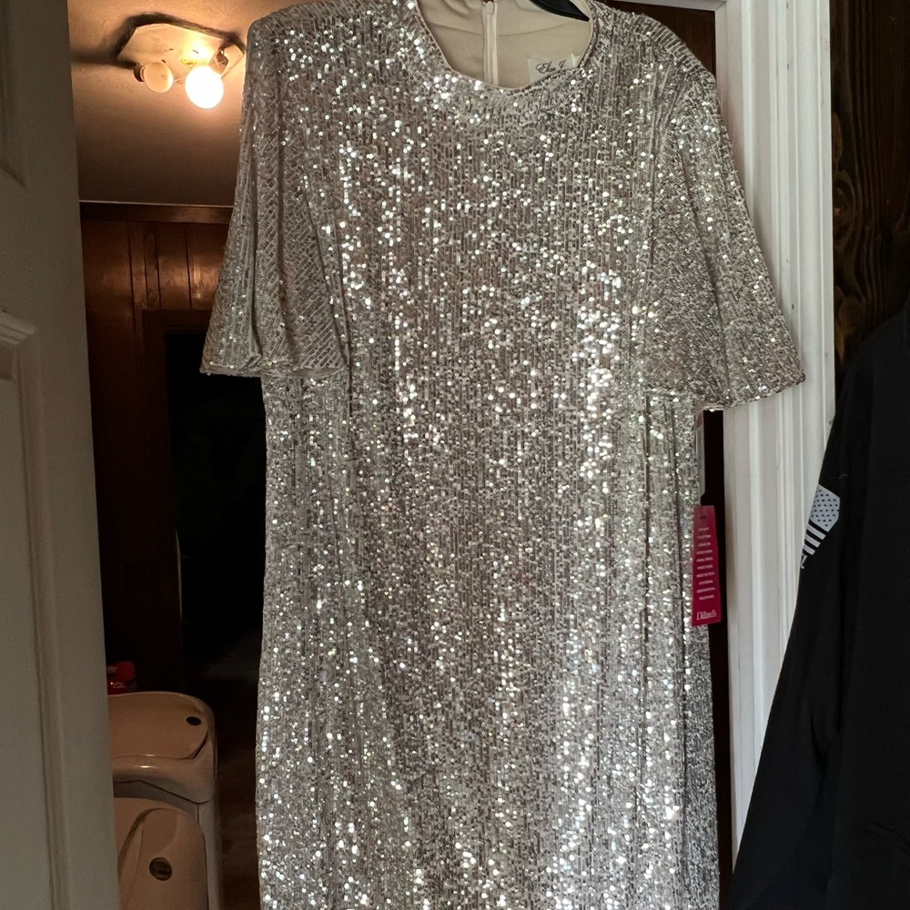 20w Eliza J ivory/silver sequin knee length dress.